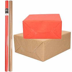 Foto van 4x rollen kraft inpakpapier/kaftpapier pakket bruin/rood 200 x 70 cm - cadeaupapier