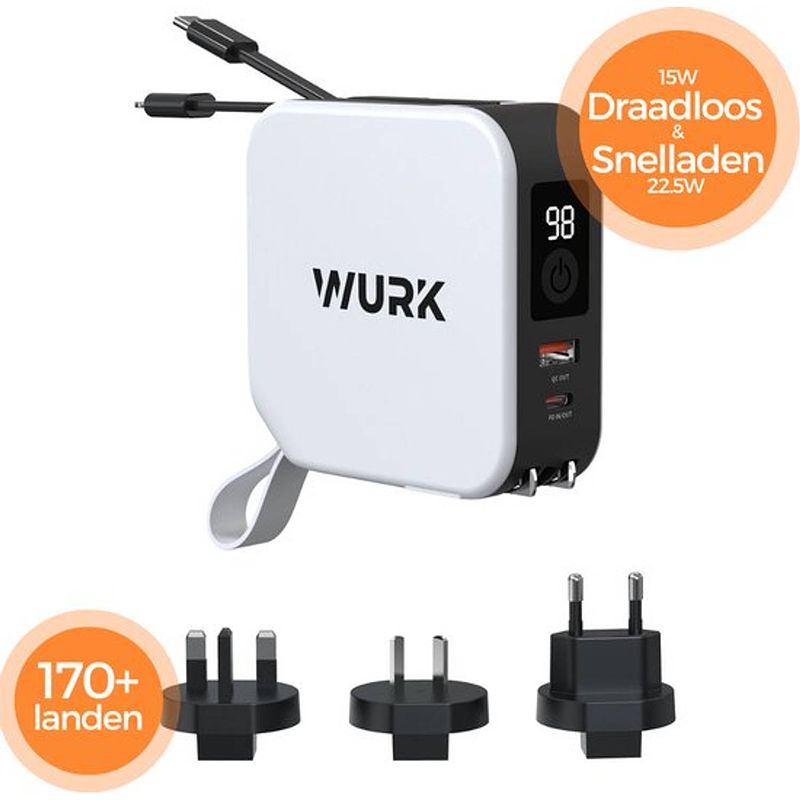 Foto van Wurk - 5-in-1 powerpack - powerbank - draadloze oplader - wereldstekker - ingebouwde usb-c & lightning kabel