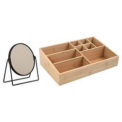 Foto van Msv make-up organizer 9 vaks en luxe spiegel set - 33 x 21 cm - bamboe/metaal - bruin/zwart - make-up dozen