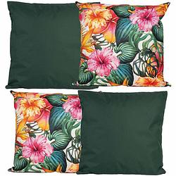 Foto van Bank/tuin kussens set - voor binnen/buiten - 4x stuks - groen/tropical print - 45 x 45 cm - sierkussens