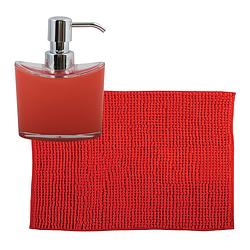 Foto van Msv badkamer droogloop mat/tapijtje - 50 x 80 cm - en zelfde kleur zeeppompje 260 ml - rood - badmatjes