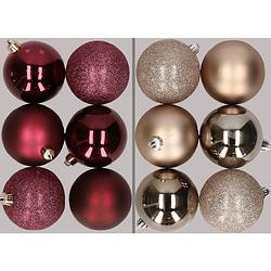 Foto van 12x stuks kunststof kerstballen mix van aubergine en champagne 8 cm - kerstbal