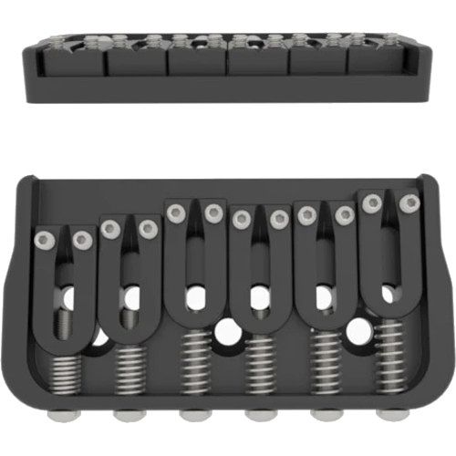 Foto van Hipshot 6-string fixed guitar bridge .175 inch black met stalen zadels en 4.5 mm grondplaat