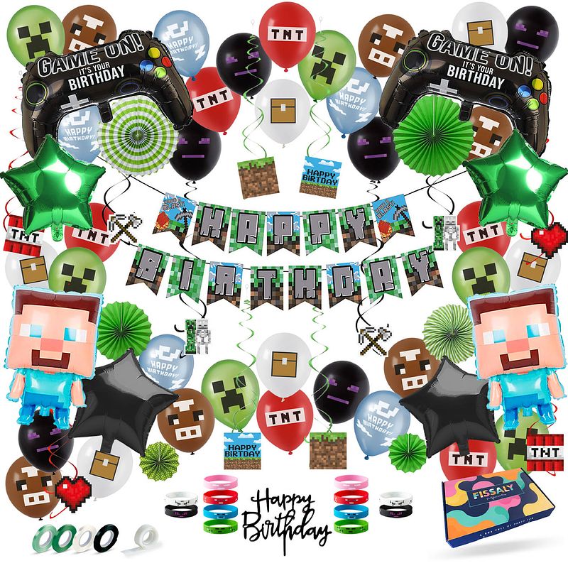 Foto van Fissaly® 91 stuks pixel video game verjaardag versiering - minecraft thema decoratie - ballonnen, slingers & accessoires