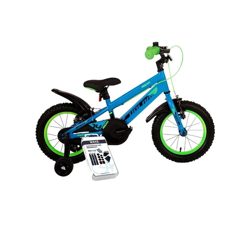 Foto van Volare kinderfiets rocky - 16 inch - blauw/groen - twee handremmen - inclusief ways bandenplakset