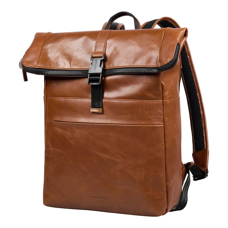 Foto van Bloomsbury leren rolltop 14 inch laptop rugtas - unisex rugzak - dames en heren - echt leer - cognac