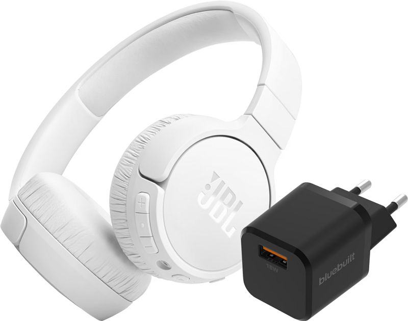 Foto van Jbl tune 670nc wit + bluebuilt quick charge oplader met usb a poort 18w zwart