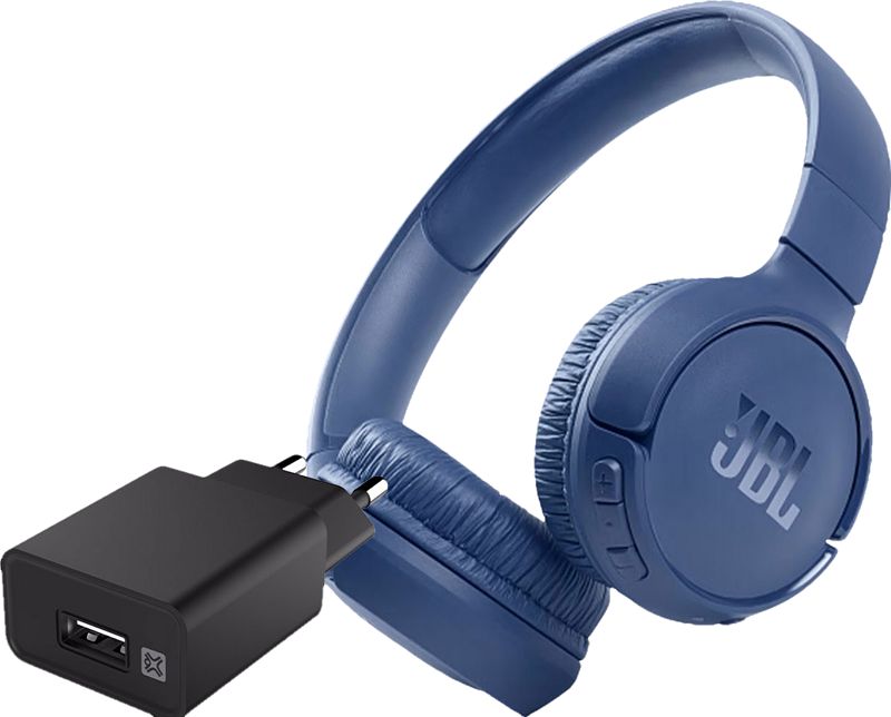 Foto van Jbl tune 510bt blauw + xtrememac oplader met usb a poort 12w