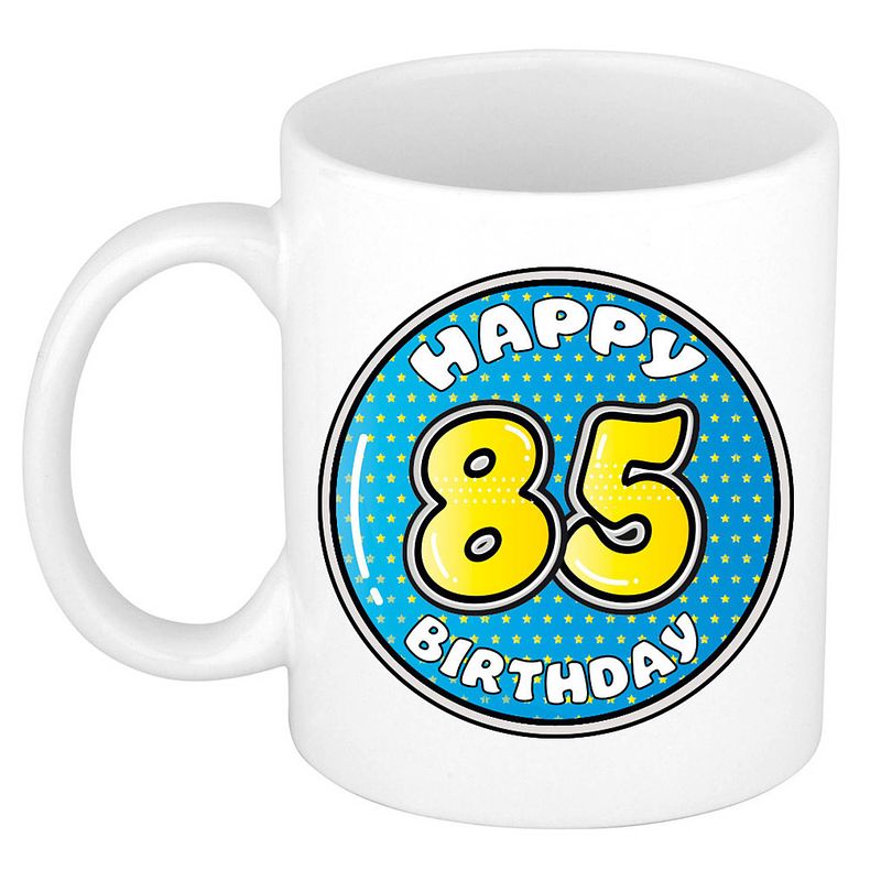 Foto van Bellatio decorations verjaardag cadeau mok - 85 jaar - blauw - 300 ml - keramiek - feest mokken