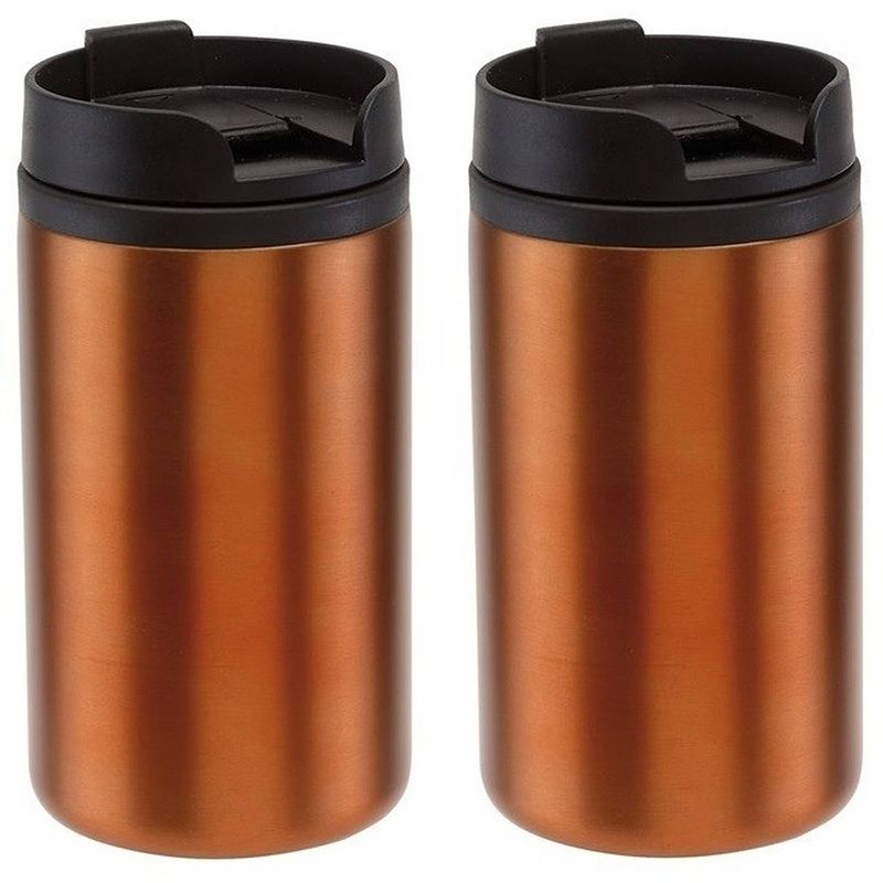 Foto van 2x dubbelwandige thermobekers metallic oranje 290 ml - thermosbeker