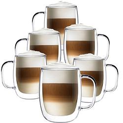 Foto van Luxe dubbelwandige theeglazen - cappuccinoglazen - latte macchiato glazen dubbelwandig met oor - 400 ml - set van 6