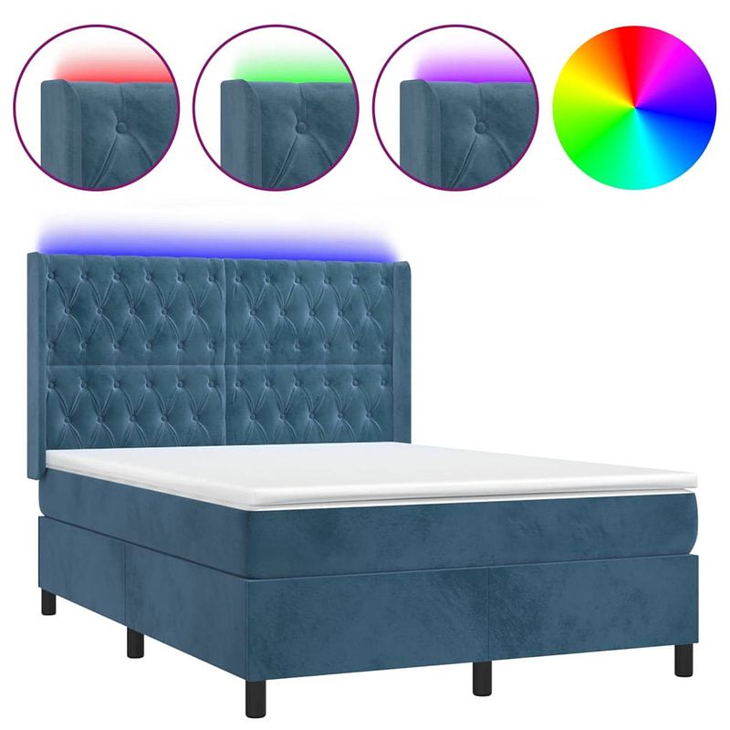 Foto van The living store boxspring bed - donkerblauw fluweel - 203 x 147 x 118/128 cm - verstelbaar hoofdbord - pocketvering