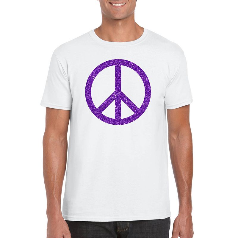 Foto van Toppers wit flower power t-shirt paarse glitter peace teken heren xl - feestshirts