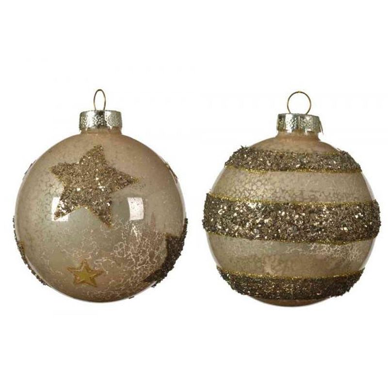 Foto van Kerstbal glas d8cm ster/strp brn a2