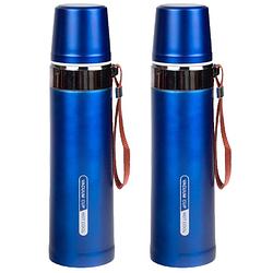 Foto van 2x stuks thermosfles / isoleerfles rvs met bandje voor onderweg 750 ml blauw - thermosflessen