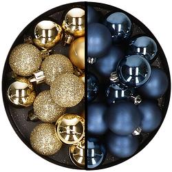 Foto van 36x stuks kunststof kerstballen goud en donkerblauw 3 en 4 cm - kerstbal