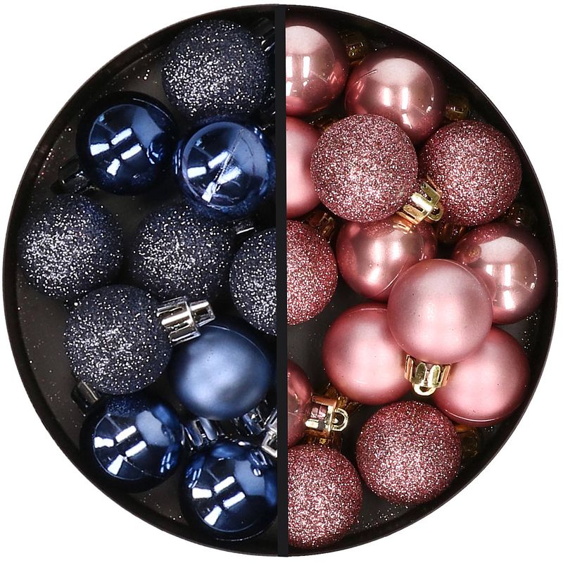 Foto van 34x stuks kunststof kerstballen donkerblauw en oudroze 3 cm - kerstbal