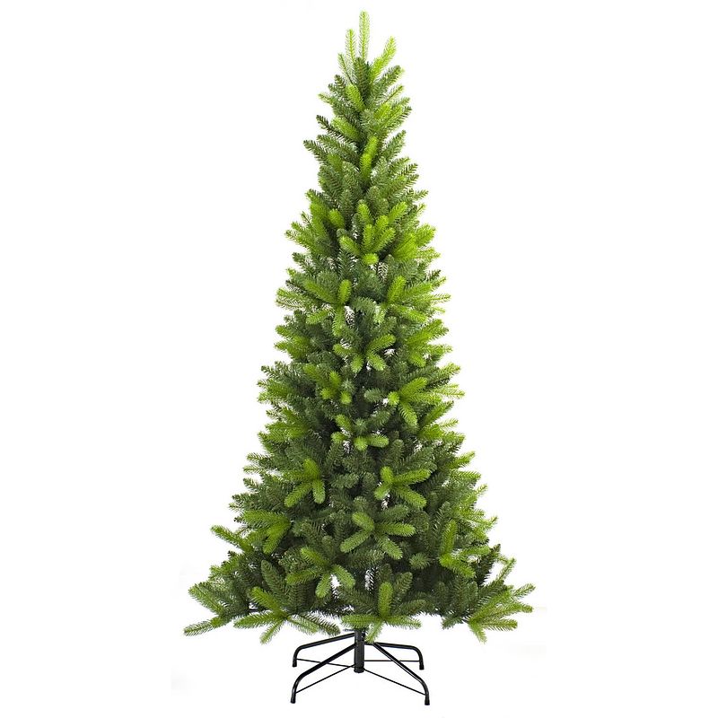 Foto van Utah kunstkerstboom smal - 210 cm - groen - ø 104 cm - 1.140 tips - metalen voet