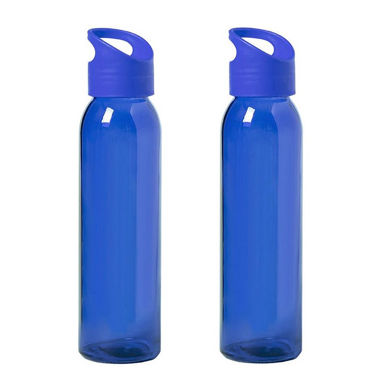 Foto van 2x stuks glazen waterfles/drinkfles blauw transparant met schroefdop met handvat 470 ml - drinkflessen