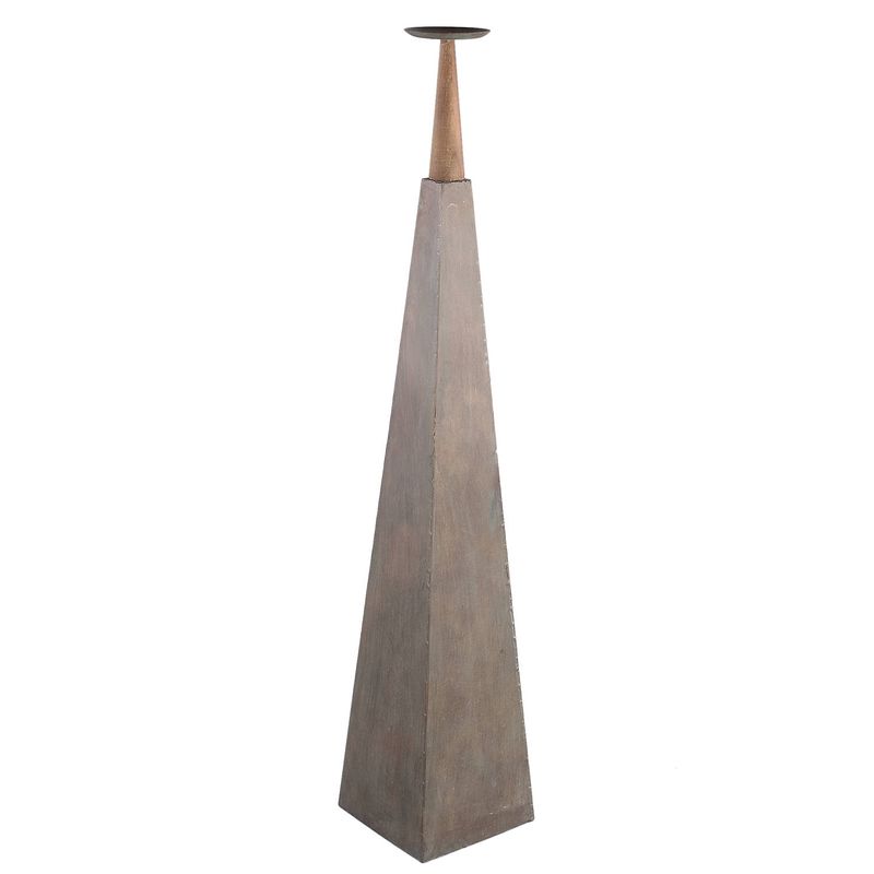 Foto van Ptmd cinder grey metal piramid candleholder with wood l