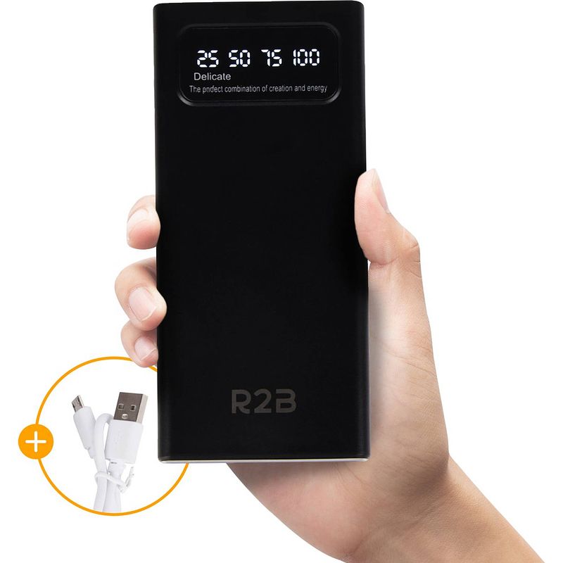 Foto van R2b® powerbank 10.000 mah - 2 tot 4 keer opladen - usb, usb c & micro usb - snellader & led display