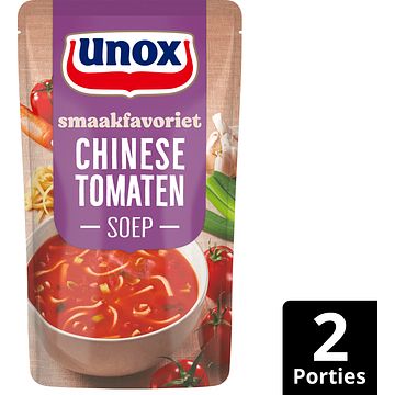 Foto van 2 zakken soep a 570 ml, pakken cupasoup a 3 stuks of single verpakkingen noodles of pasta | unox smaakfavoriet soep in zak chinese tomaten 570ml aanbieding bij jumbo