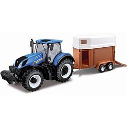 Foto van Bburago miniatuur new holland tractor en paardentrailer blauw