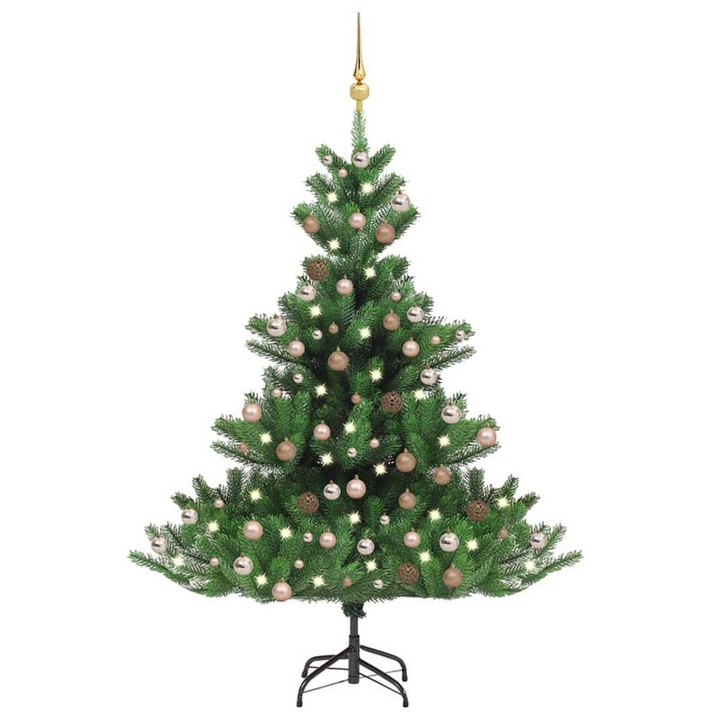 Foto van Vidaxl kunstkerstboom nordmann met led's en kerstballen 210 cm groen