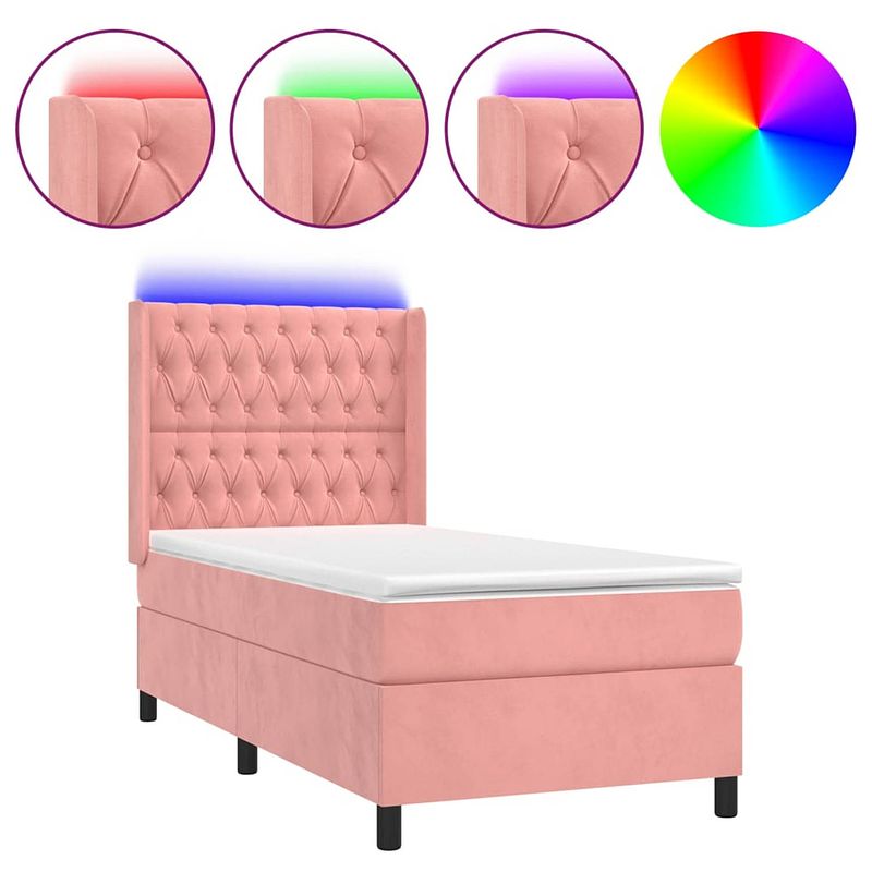 Foto van The living store boxspring fluwelen led 193x93x118/128 - roze - pocketvering matras - huidvriendelijk topmatras met