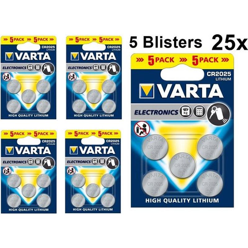 Foto van 25 stuks (5 blisters a 5st) - varta cr2025 3v lithium knoopcel batterij