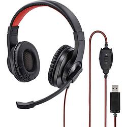 Foto van Hama hs-usb400 over ear headset kabel computer stereo zwart, rood volumeregeling, microfoon uitschakelbaar (mute)