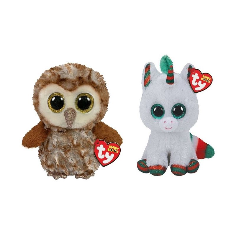 Foto van Ty - knuffel - beanie boo's - percy owl & christmas unicorn