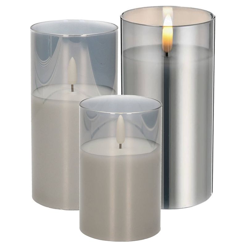 Foto van Set van 3x luxe led kaarsen in grijs glas 10-12.5-15 cm met timer - led kaarsen