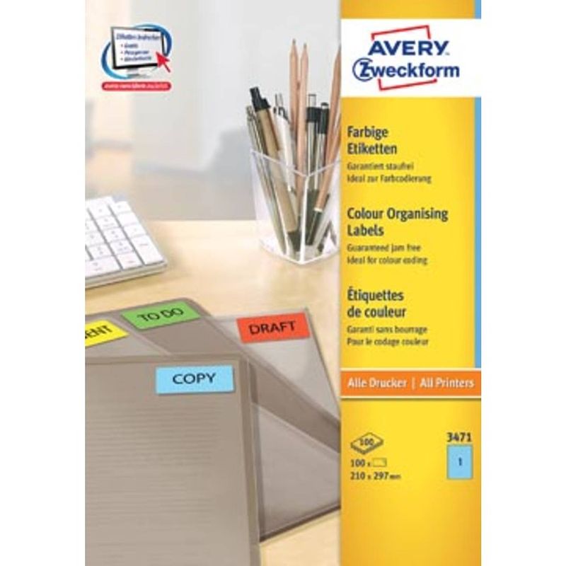 Foto van Avery gekleurde universele etiketten ft 210 x 297 mm (b x h), 100 stuks, blauw