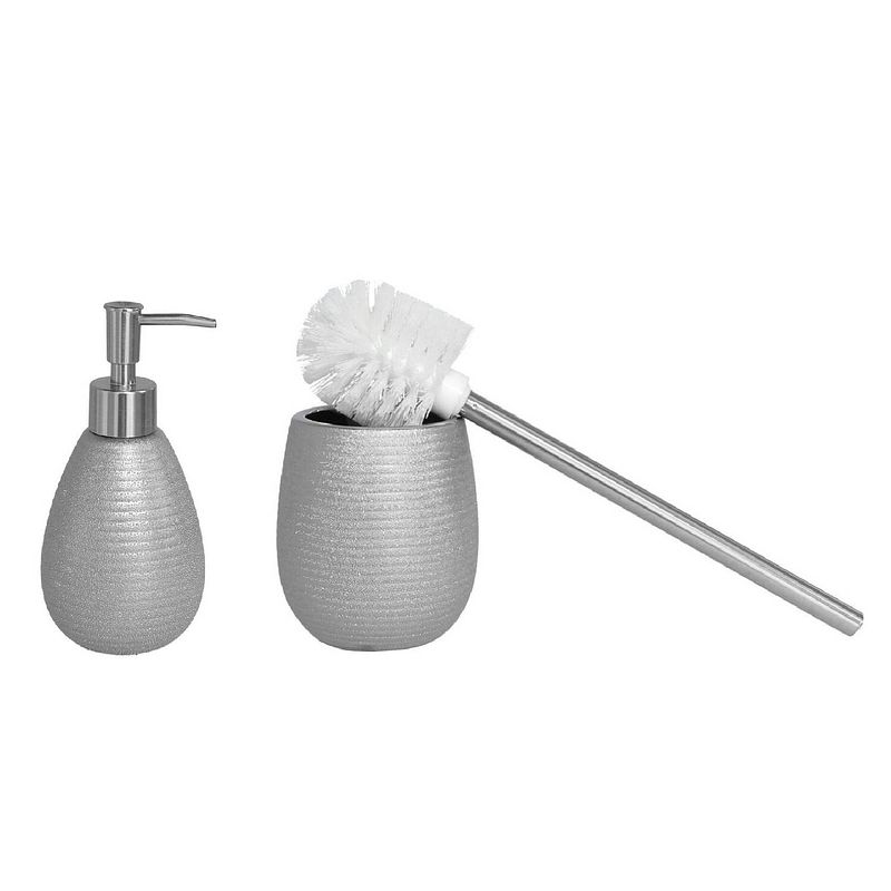 Foto van Wc-/toiletborstel houder polystone met zeeppompje 280 ml zilver kleurig - badkameraccessoireset