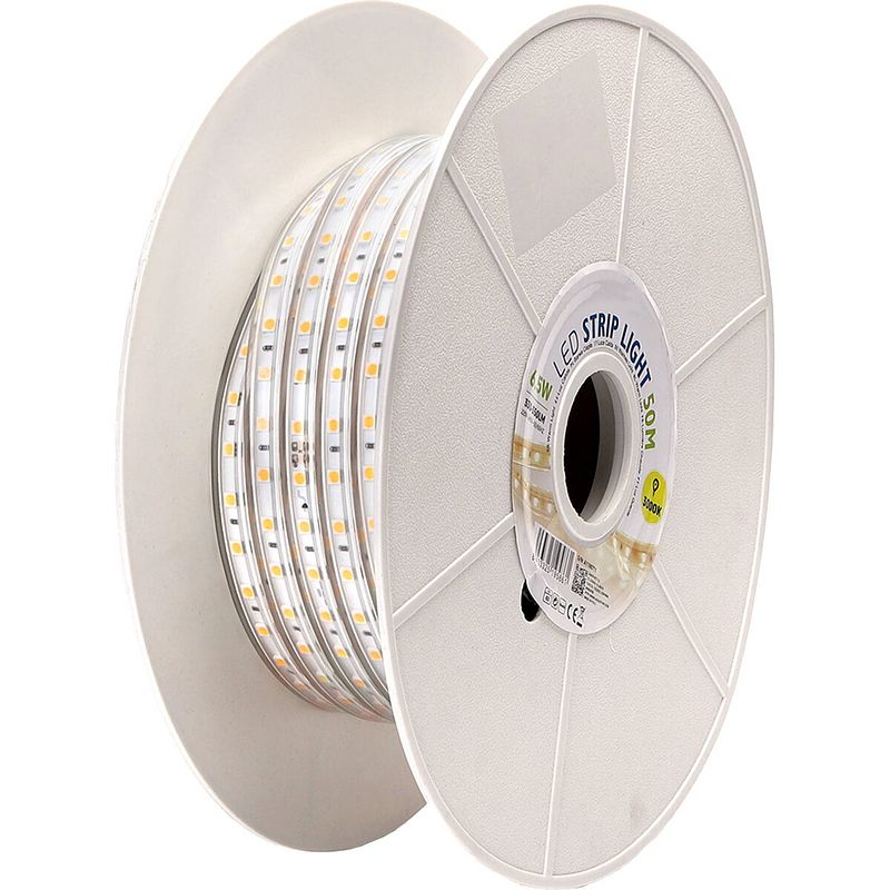 Foto van Led strip - aigi stribo - 50 meter - ip65 waterdicht - warm wit 3000k - 5050 smd 230v