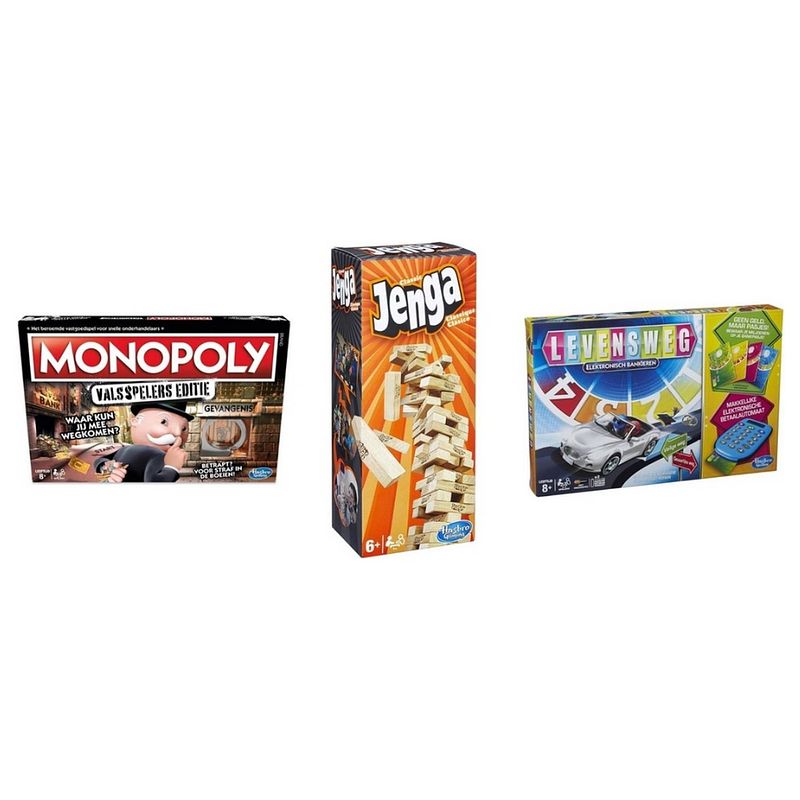 Foto van Spellenbundel - 3 stuks - monopoly valsspelerseditie & jenga & levensweg elektronisch bankieren