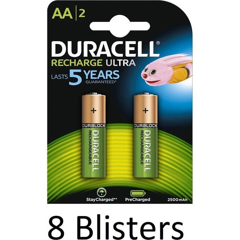 Foto van 16 stuks (8 blisters a 2 st) duracell aa oplaadbare batterijen - 2500 mah