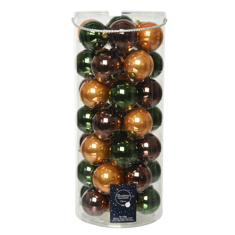 Foto van 49x stuks glazen kerstballen dennengroen/cognac/donkerbruin 6 cm glans en mat - kerstbal