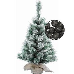 Foto van Mini kerstboom besneeuwd met verlichting - in jute zak - h60 cm - zwart - kunstkerstboom