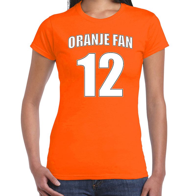 Foto van Oranje shirt / kleding oranje fan nummer 12 voor ek/ wk voor dames xs - feestshirts