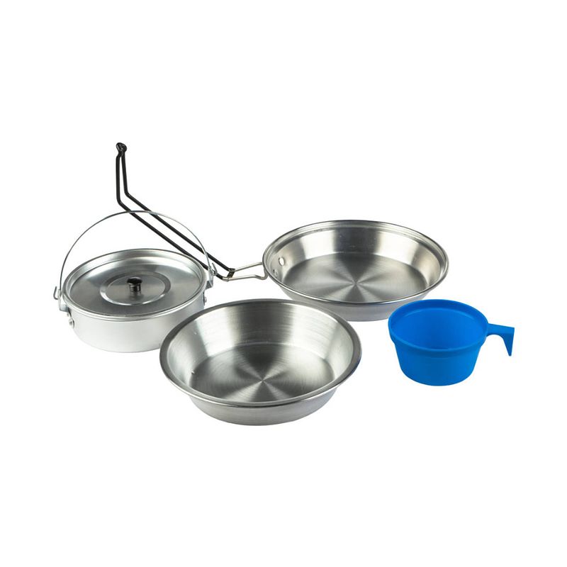 Foto van Hixa aktive kampeer set - camping - kookset - servies - bord - pan - mok - zilver - blauw - aluminium - outdoor