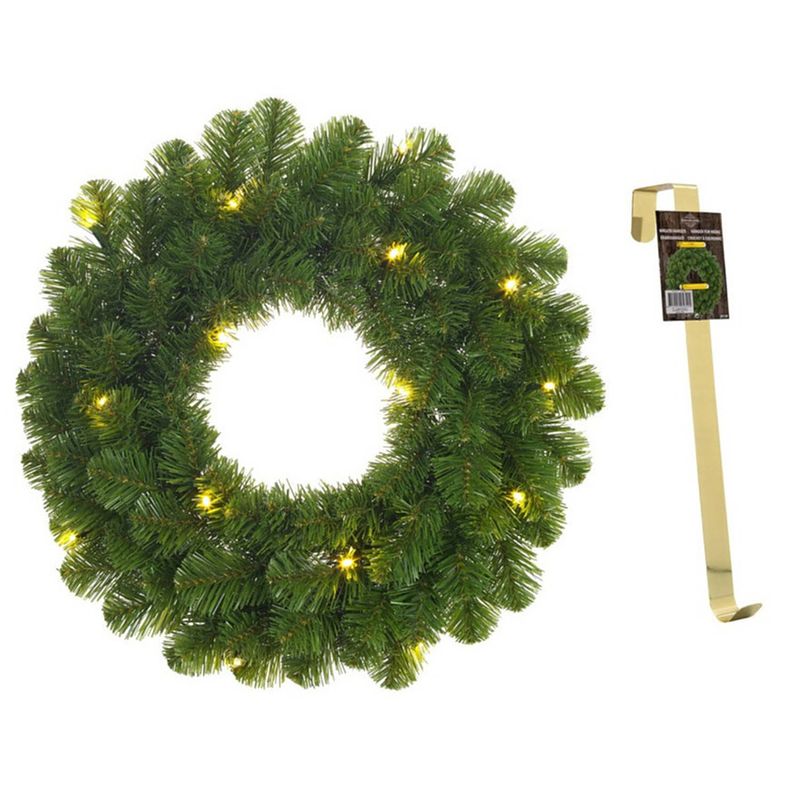 Foto van Groene verlichte kerstkransen/deurkransen met 30 leds 60 cm en met gouden hanger - kerstkransen