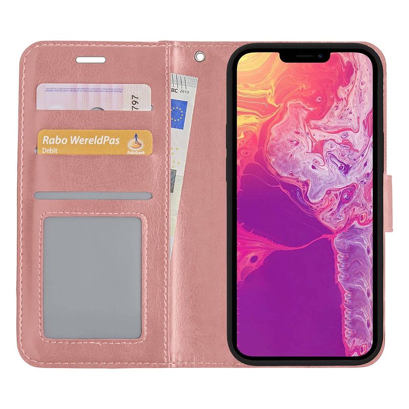 Foto van Basey iphone 13 mini hoesje bookcase kunstleer - iphone 13 mini hoes flip case book cover - rose goud