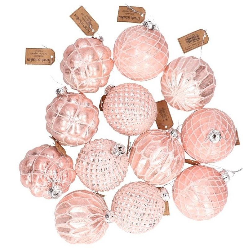 Foto van 24x roze glazen kerstballen met gouden design 8 cm - kerstbal