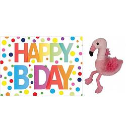 Foto van Pluche knuffel flamingo 15 cm met a5-size happy birthday wenskaart - vogel knuffels