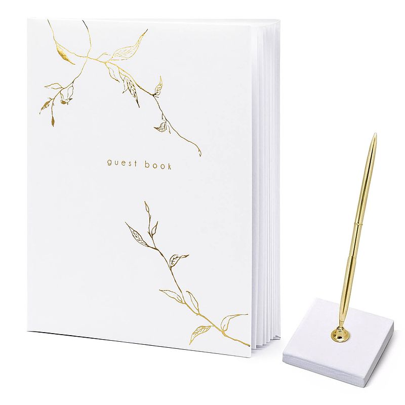 Foto van Gastenboek/receptieboek met luxe pen in houder - bruiloft - wit/goud - 20 x 24,5 cm - gastenboeken