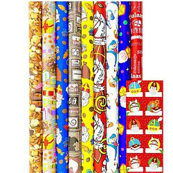 Foto van Sinterklaaspapier inpakpapier sinterklaas cadeaupapier assortiment incl. 20 naamstickers - 300 x 70 cm - 7 rollen