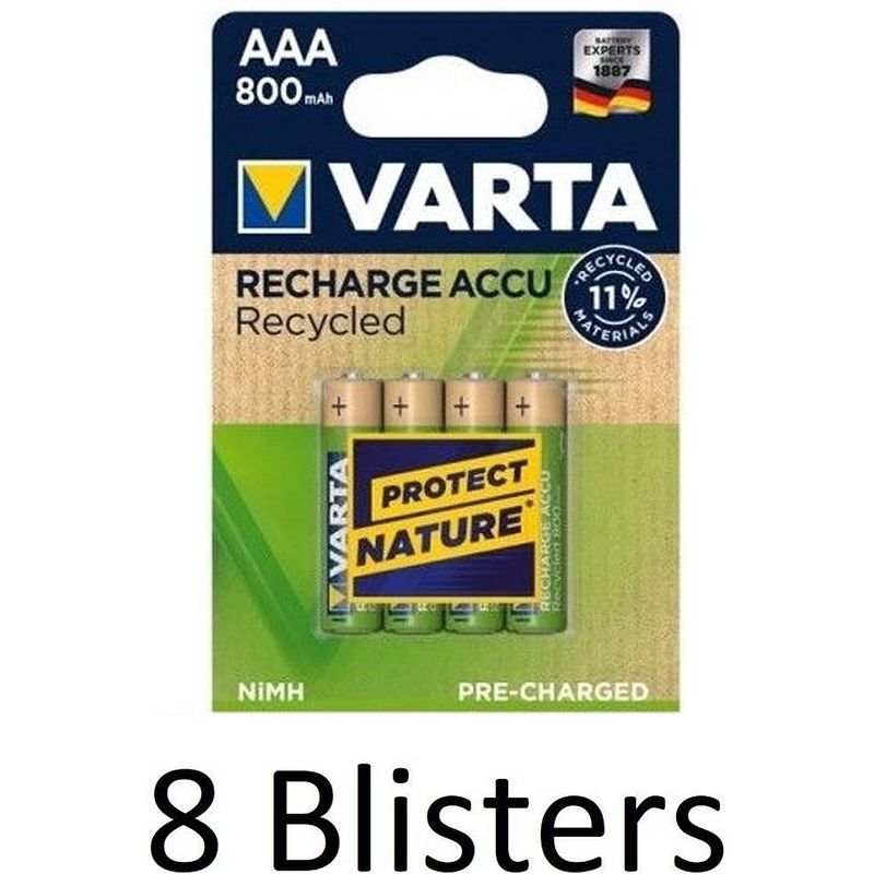 Foto van 32 stuks (8 blisters a 4 st) varta recharge accu recycled aaa oplaadbare batterijen 800 mah