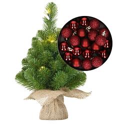 Foto van Mini kerstboom/kunstboom met verlichting 45 cm en inclusief kerstballen donkerrood - kunstkerstboom